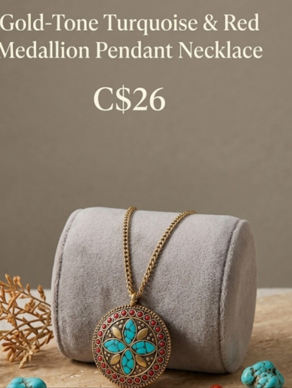 Gold-Tone Turquoise & Red Pendant Necklace
